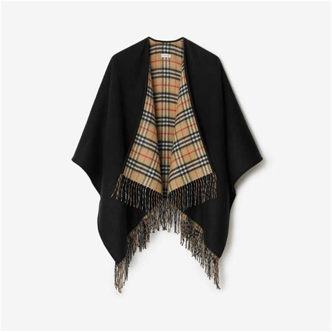 Check Wool Reversible Cape in Black 